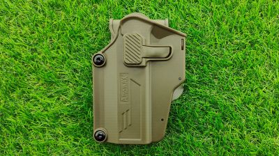 Amomax Rigid Polymer Universal Holster Left Handed (FDE) - Detail Image 1 © Copyright Zero One Airsoft