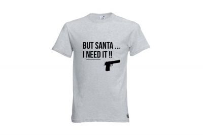 ZO Combat Junkie Christmas T-Shirt 'Santa I NEED It Pistol' (Light Grey) - Size Medium - Detail Image 1 © Copyright Zero One Airsoft