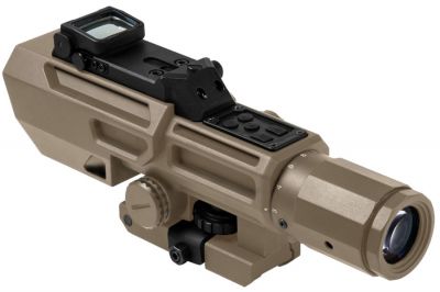 NCS 3-9x42 Scope with Blue/Red Illuminating P4 Sniper Reticle & Flip-Up Reflex Red Dot Sight (Tan) - Detail Image 2 © Copyright Zero One Airsoft