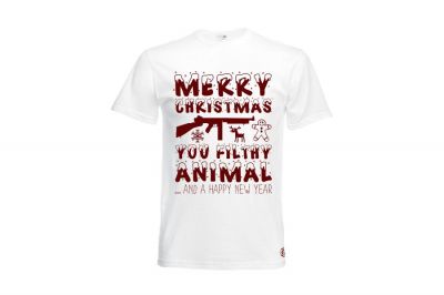 ZO Combat Junkie Christmas T-Shirt 'Merry Christmas You Filthy Animal' (White) - Size Medium - Detail Image 1 © Copyright Zero One Airsoft
