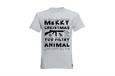 ZO Combat Junkie Christmas T-Shirt 'Merry Christmas You Filthy Animal' (Light Grey) - Size Medium - Detail Image 1 © Copyright Zero One Airsoft