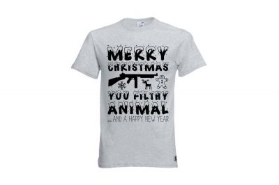 ZO Combat Junkie Christmas T-Shirt 'Merry Christmas You Filthy Animal' (Light Grey) - Size Large - Detail Image 1 &copy; Copyright Zero One Airsoft