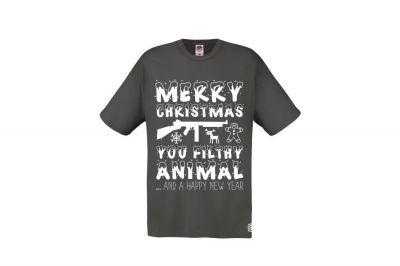 ZO Combat Junkie Christmas T-Shirt 'Merry Christmas You Filthy Animal' (Grey) - Size Medium - Detail Image 1 © Copyright Zero One Airsoft