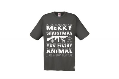 ZO Combat Junkie Christmas T-Shirt 'Merry Christmas You Filthy Animal' (Grey) - Size Small - Detail Image 1 &copy; Copyright Zero One Airsoft