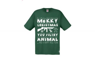 ZO Combat Junkie Christmas T-Shirt 'Merry Christmas You Filthy Animal' (Green) - Size Small - Detail Image 1 © Copyright Zero One Airsoft