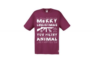 ZO Combat Junkie Christmas T-Shirt 'Merry Christmas You Filthy Animal' (Burgundy) - Size Extra Large - Detail Image 1 © Copyright Zero One Airsoft