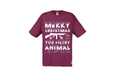 ZO Combat Junkie Christmas T-Shirt 'Merry Christmas You Filthy Animal' (Burgundy) - Size Medium - Detail Image 1 &copy; Copyright Zero One Airsoft