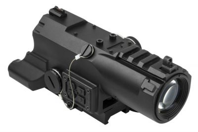 NCS 4x34 Blue Illuminating ECO Scope with Integrated Green Laser, Red/White Navigation Light & QD Mount - Detail Image 2 © Copyright Zero One Airsoft