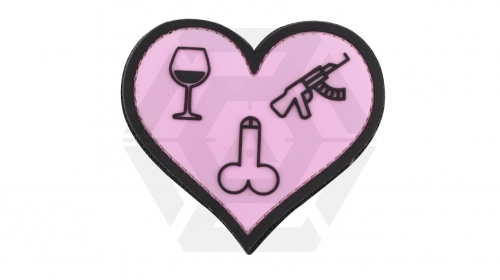 101 Inc PVC Velcro Patch "Love, Wine, Sticks & Guns" (Pink) - © Copyright Zero One Airsoft