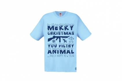 ZO Combat Junkie Christmas T-Shirt 'Merry Christmas You Filthy Animal' (Blue) - Size Medium - © Copyright Zero One Airsoft