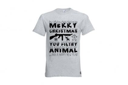 ZO Combat Junkie Christmas T-Shirt 'Merry Christmas You Filthy Animal' (Light Grey) - Size Large - &copy; Copyright Zero One Airsoft