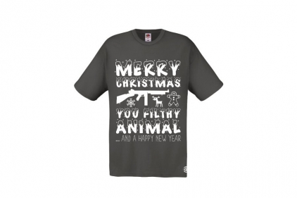 ZO Combat Junkie Christmas T-Shirt 'Merry Christmas You Filthy Animal' (Grey) - Size Medium - © Copyright Zero One Airsoft