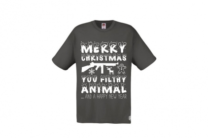 ZO Combat Junkie Christmas T-Shirt 'Merry Christmas You Filthy Animal' (Grey) - Size Small - &copy; Copyright Zero One Airsoft
