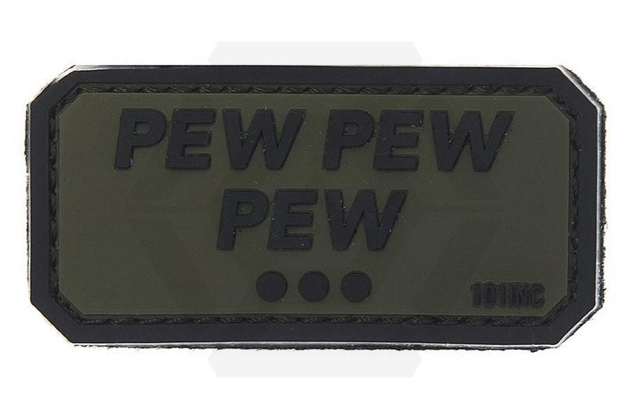 101 Inc PVC Velcro Patch "Pew Pew Pew" (Olive) - Main Image © Copyright Zero One Airsoft