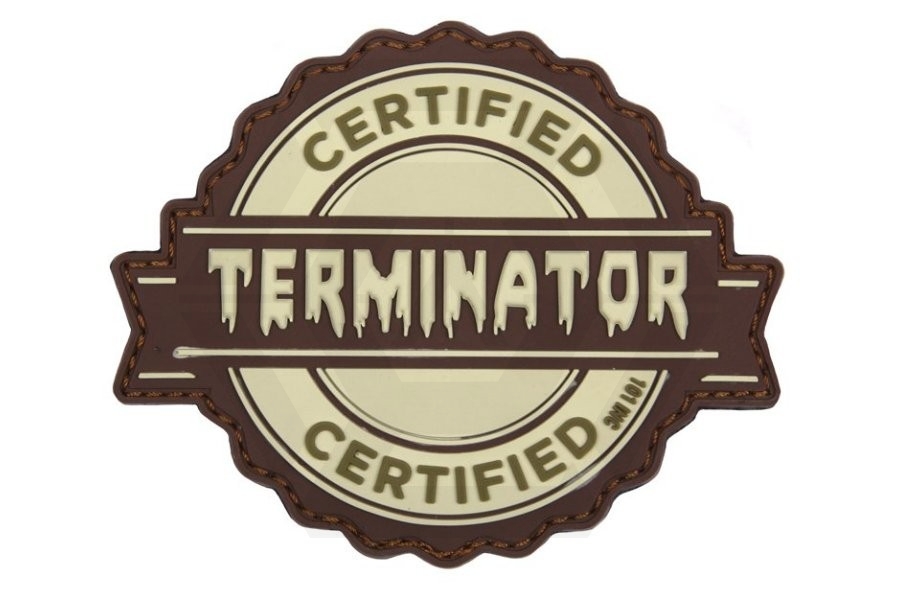 101 Inc PVC Velcro Patch "Certified Terminator" - Main Image © Copyright Zero One Airsoft