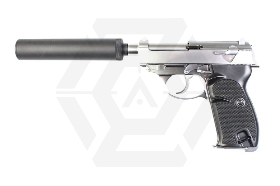 WE GBB P38S with Silencer (Silver) - Main Image © Copyright Zero One Airsoft