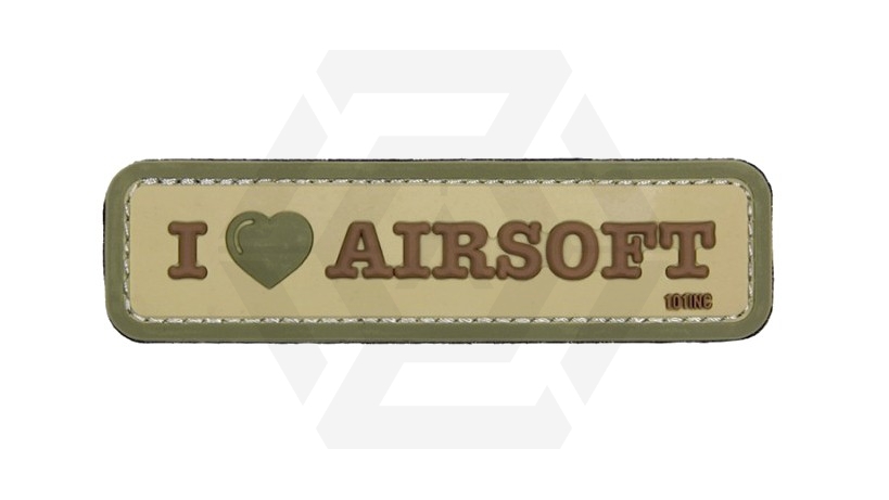 101 Inc PVC Velcro Patch &quotI Love Airsoft" (Tan) - Main Image © Copyright Zero One Airsoft