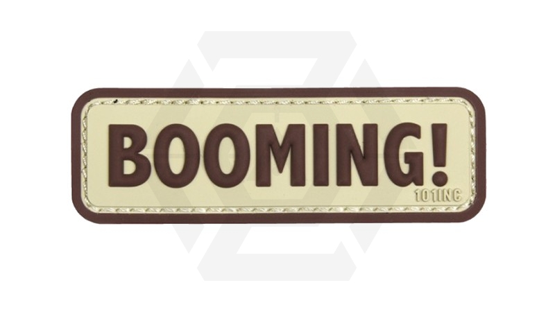 101 Inc PVC Velcro Patch "Booming!" (Tan) - Main Image © Copyright Zero One Airsoft