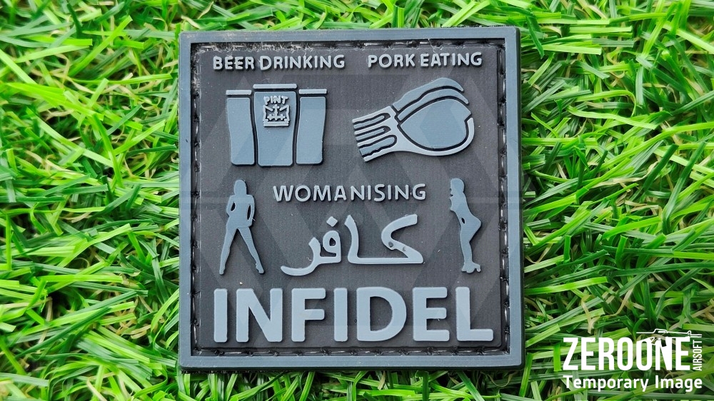 ZO PVC Velcro Patch "Drinking, Eating..." (Black) - Main Image © Copyright Zero One Airsoft