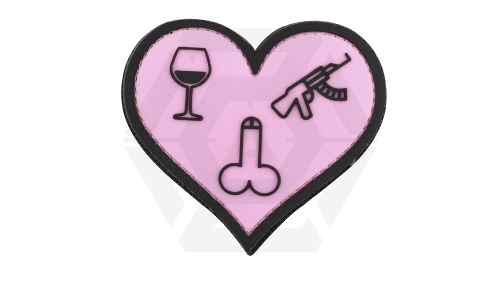 101 Inc PVC Velcro Patch "Love, Wine, Sticks & Guns" (Pink) - Main Image © Copyright Zero One Airsoft