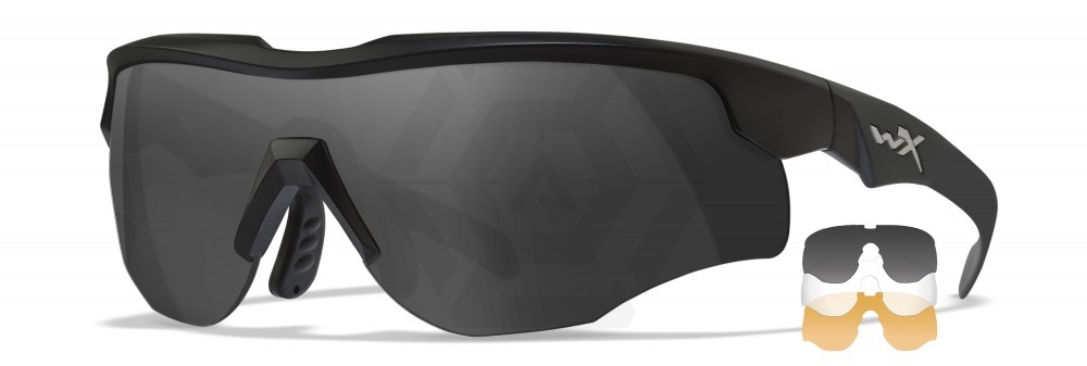 Wiley X ROGUE COMM Glasses with Matte Black Frame & Grey/Clear/Rust Lenses - Main Image © Copyright Zero One Airsoft