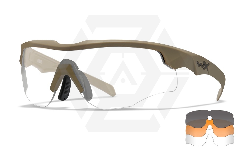 Wiley X ROGUE COMM Glasses with Tan Frame & Grey/Clear/Rust Lenses - Main Image © Copyright Zero One Airsoft