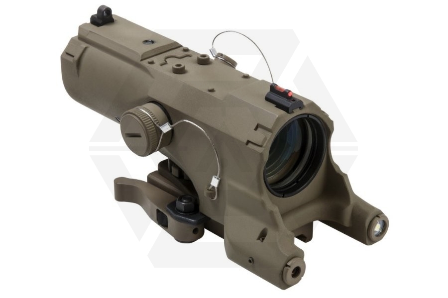 NCS 4x34 Blue Illuminating ECO Scope with Integrated Green Laser, Red/White Navigation Light & QD Mount (Tan) - Main Image © Copyright Zero One Airsoft