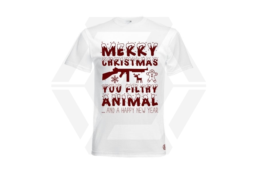 ZO Combat Junkie Christmas T-Shirt 'Merry Christmas You Filthy Animal' (White) - Size Small - Main Image © Copyright Zero One Airsoft