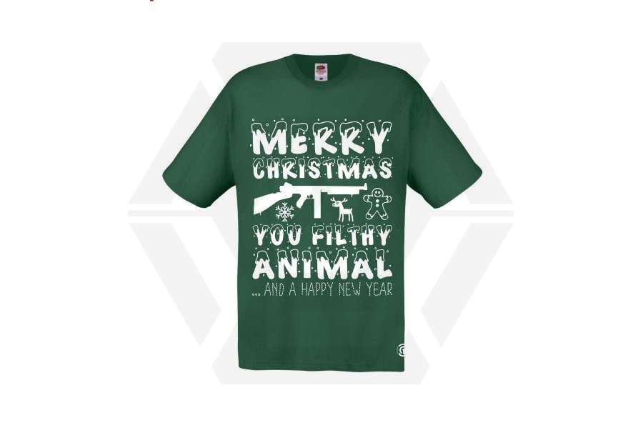ZO Combat Junkie Christmas T-Shirt 'Merry Christmas You Filthy Animal' (Green) - Size Small - Main Image © Copyright Zero One Airsoft