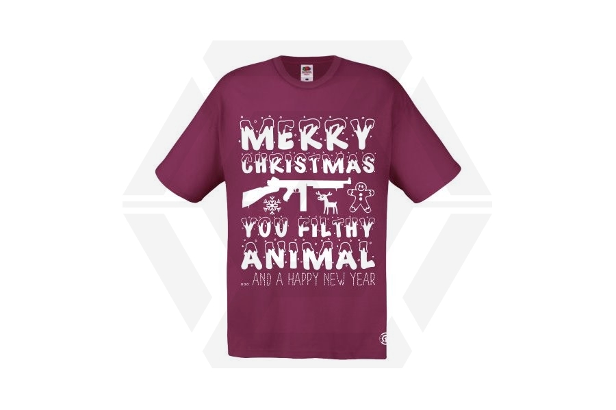 ZO Combat Junkie Christmas T-Shirt 'Merry Christmas You Filthy Animal' (Burgundy) - Size Small - Main Image © Copyright Zero One Airsoft