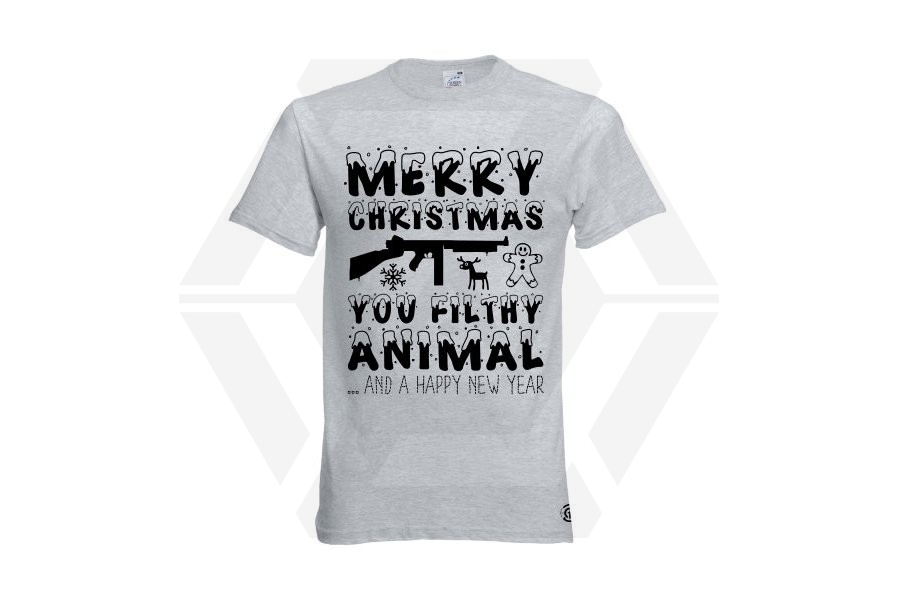 ZO Combat Junkie Christmas T-Shirt 'Merry Christmas You Filthy Animal' (Light Grey) - Size Medium - Main Image © Copyright Zero One Airsoft
