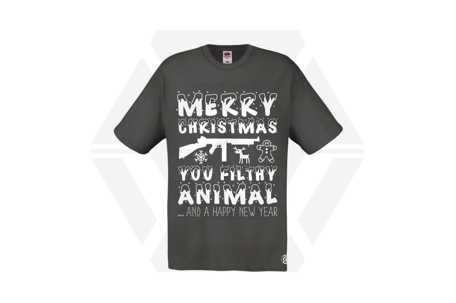 ZO Combat Junkie Christmas T-Shirt 'Merry Christmas You Filthy Animal' (Grey) - Size Small - Main Image © Copyright Zero One Airsoft