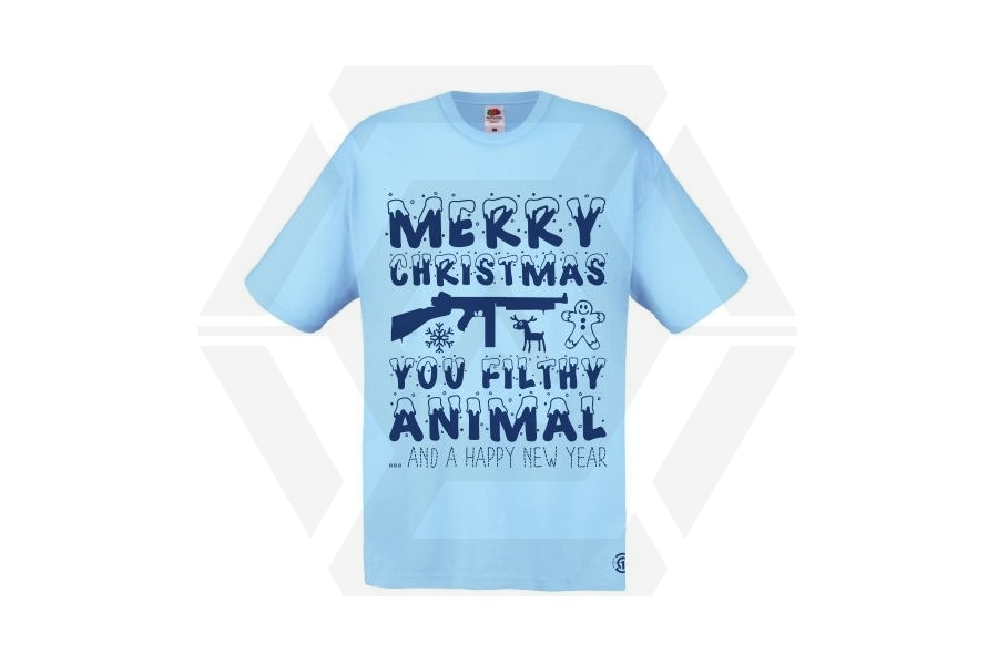 ZO Combat Junkie Christmas T-Shirt 'Merry Christmas You Filthy Animal' (Blue) - Size Small - Main Image © Copyright Zero One Airsoft