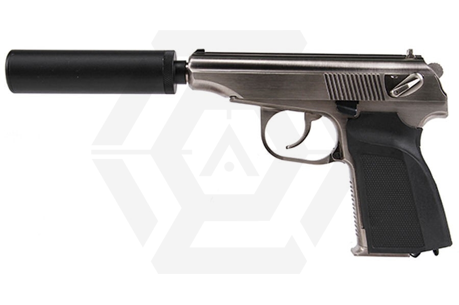 WE GBB Makarov 654K with Silencer (Silver) - Main Image © Copyright Zero One Airsoft