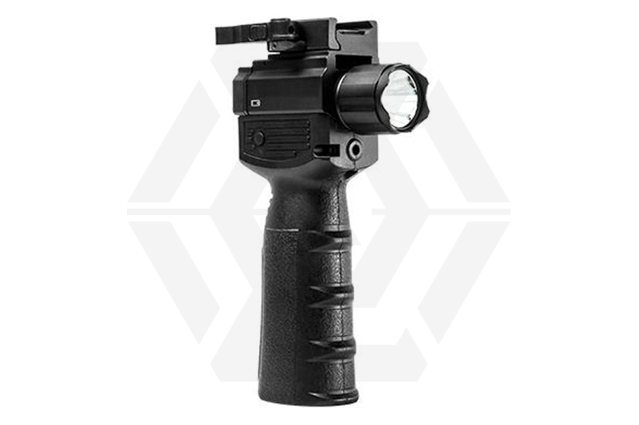 NCS Vertical Foregrip with LED Strobe Flashlight, Red Laser & QD Mount - Main Image © Copyright Zero One Airsoft