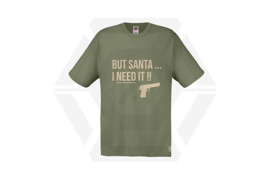 ZO Combat Junkie Christmas T-Shirt 'Santa I NEED It Pistol' (Olive) - Size Large - Main Image © Copyright Zero One Airsoft