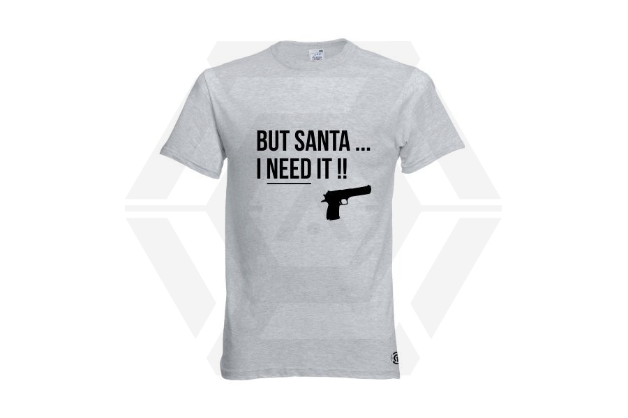 ZO Combat Junkie Christmas T-Shirt 'Santa I NEED It Pistol' (Light Grey) - Size Medium - Main Image © Copyright Zero One Airsoft