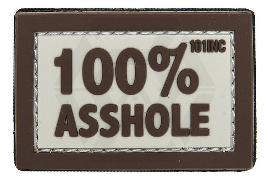 101 Inc PVC Velcro Patch "100% Asshole" (Brown) - Main Image © Copyright Zero One Airsoft