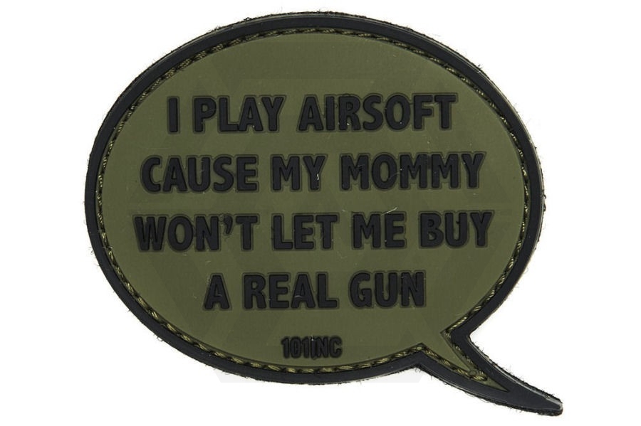 101 Inc PVC Velcro Patch "I Play Airsoft" (Olive) - Main Image © Copyright Zero One Airsoft