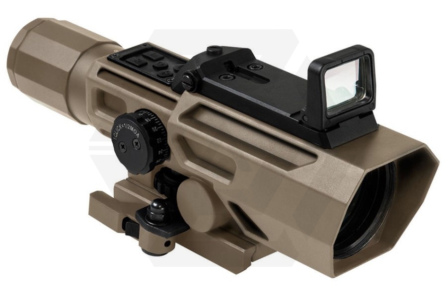 NCS 3-9x42 Scope with Blue/Red Illuminating P4 Sniper Reticle & Flip-Up Reflex Red Dot Sight (Tan) - Main Image © Copyright Zero One Airsoft