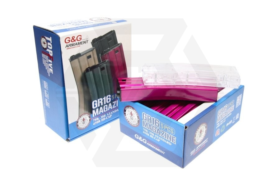 G&G AEG Mag for M4 79rds Box of 5 (Pink) with Speedloader - Main Image © Copyright Zero One Airsoft